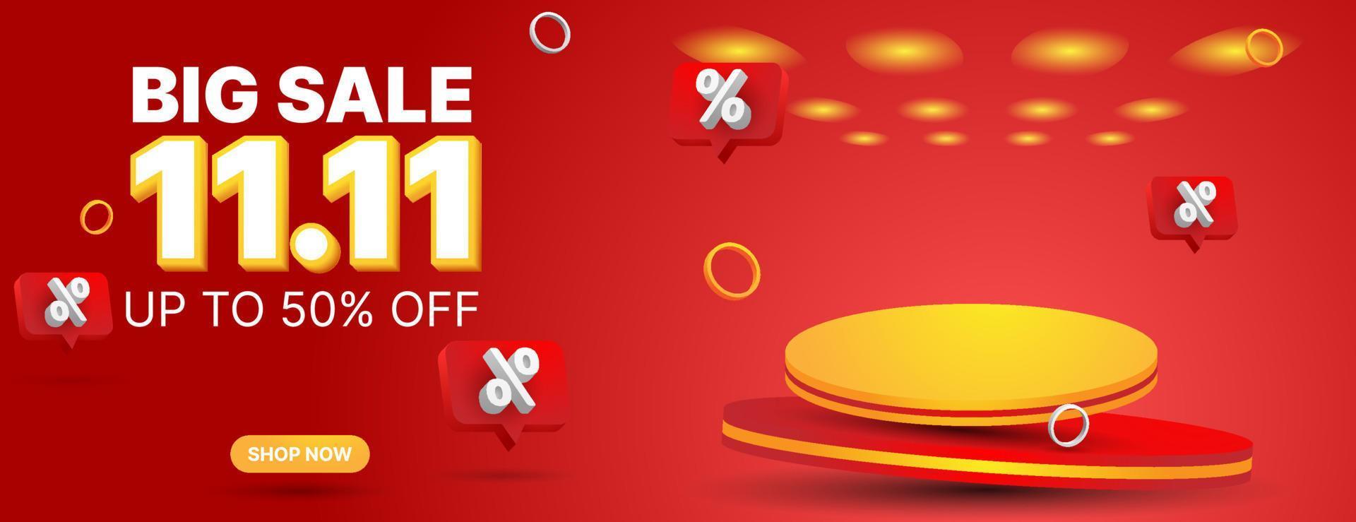 11.11 sale banner design template with 3d podium in red, white and orange color vector