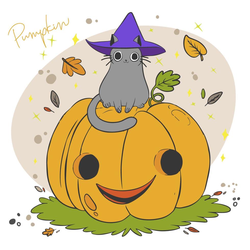 Pumpkin, hand lettering, cute pumpkin illustration with a kitten in a hat, doodle vector
