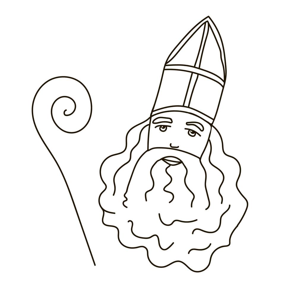 Simple vector freehand drawing with a black line on a white background. Saint Nicholas Day, Sinterklaas in a miter with a beard and a staff. Santa Claus, a festival in the Netherlands and Belgium.