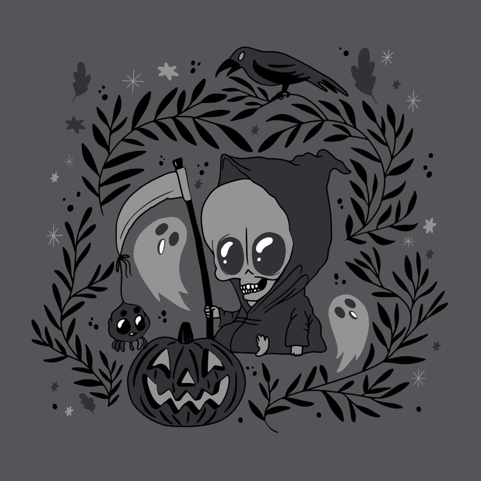 Cute illustration of a funny monster with a scythe, pumpkin and haunted vector