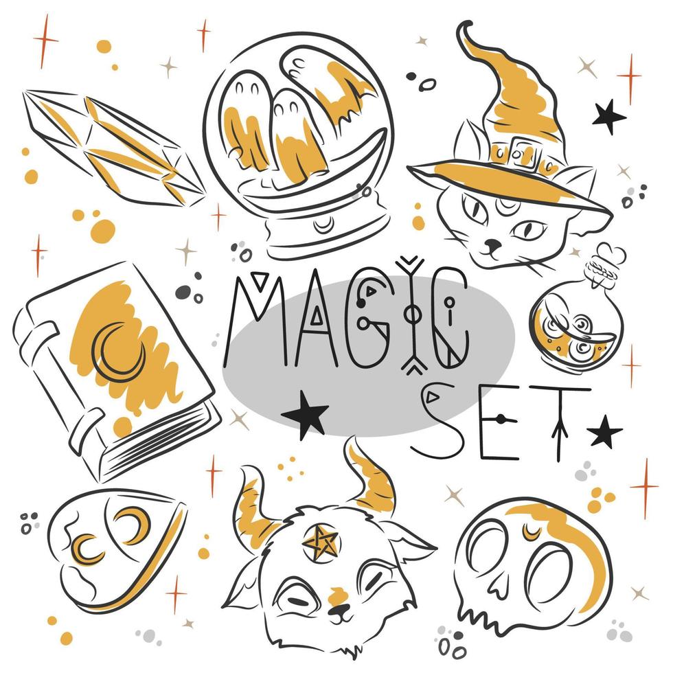 Magic set, handwritten inscription, magical accessories and objects for magic vector