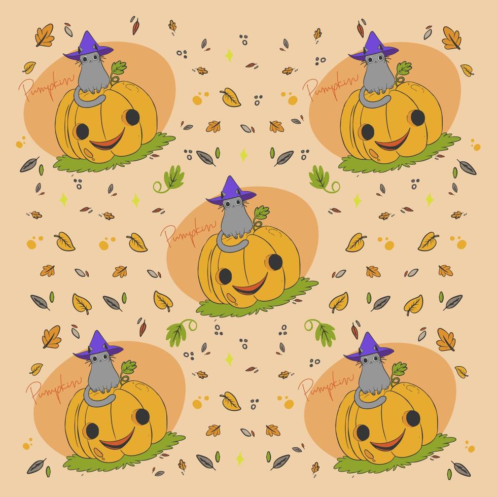 calabaza, letras a mano, lindo fondo de calabaza con un gatito en un sombrero, patrón vector