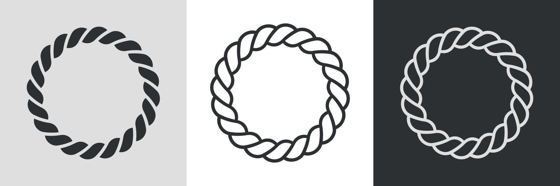 Rope round frames. Set of circle border cord silhouette, line art and inversion. Seamless wreath circle shape. Jewelry design, text frame. Vector illustration