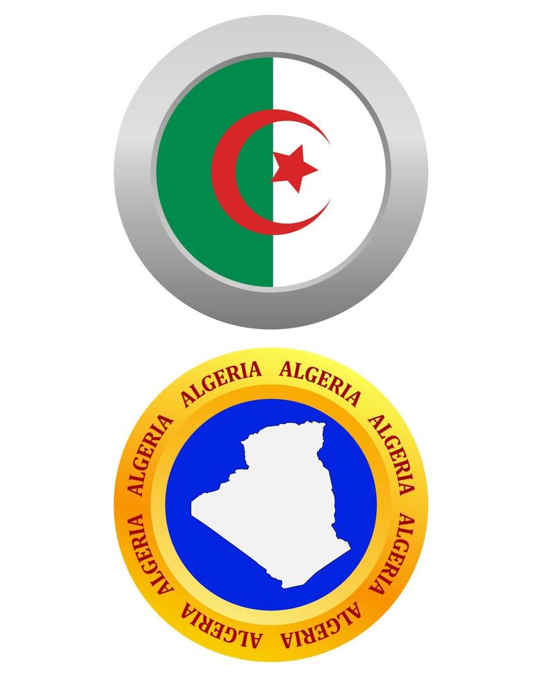 Botón como símbolo de la bandera y el mapa de Argelia sobre un fondo blanco. vector