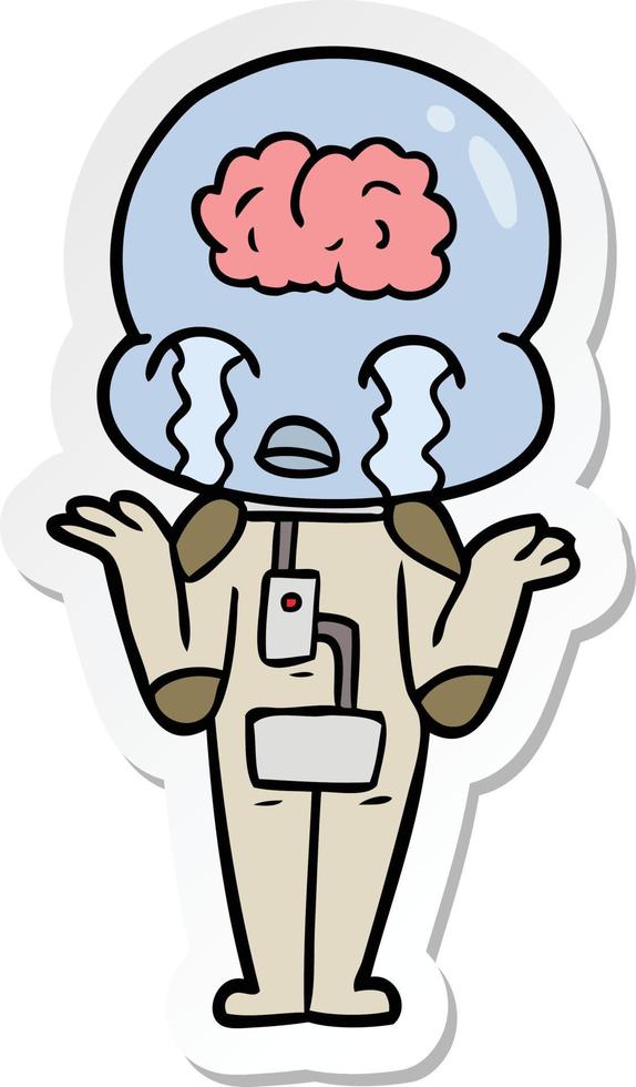 sticker of a cartoon big brain alien crying vector