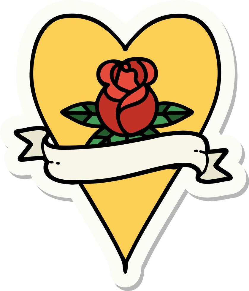 sticker of tattoo in traditional style of a heart rose and banner vector