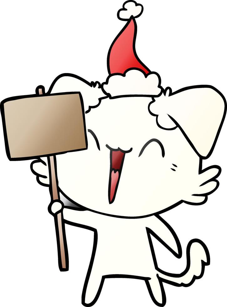 happy little gradient cartoon of a dog holding sign wearing santa hat vector
