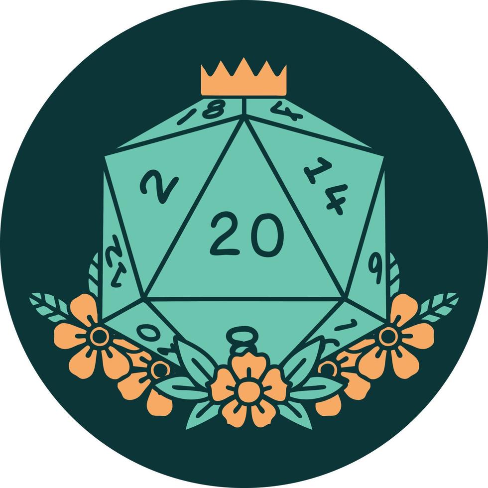 icon of natural 20 D20 dice roll with floral elements vector