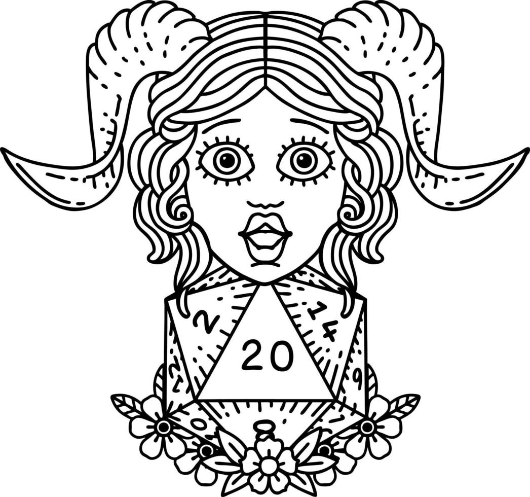 Black and White Tattoo linework Style tiefling with D20 natural twenty dice roll vector
