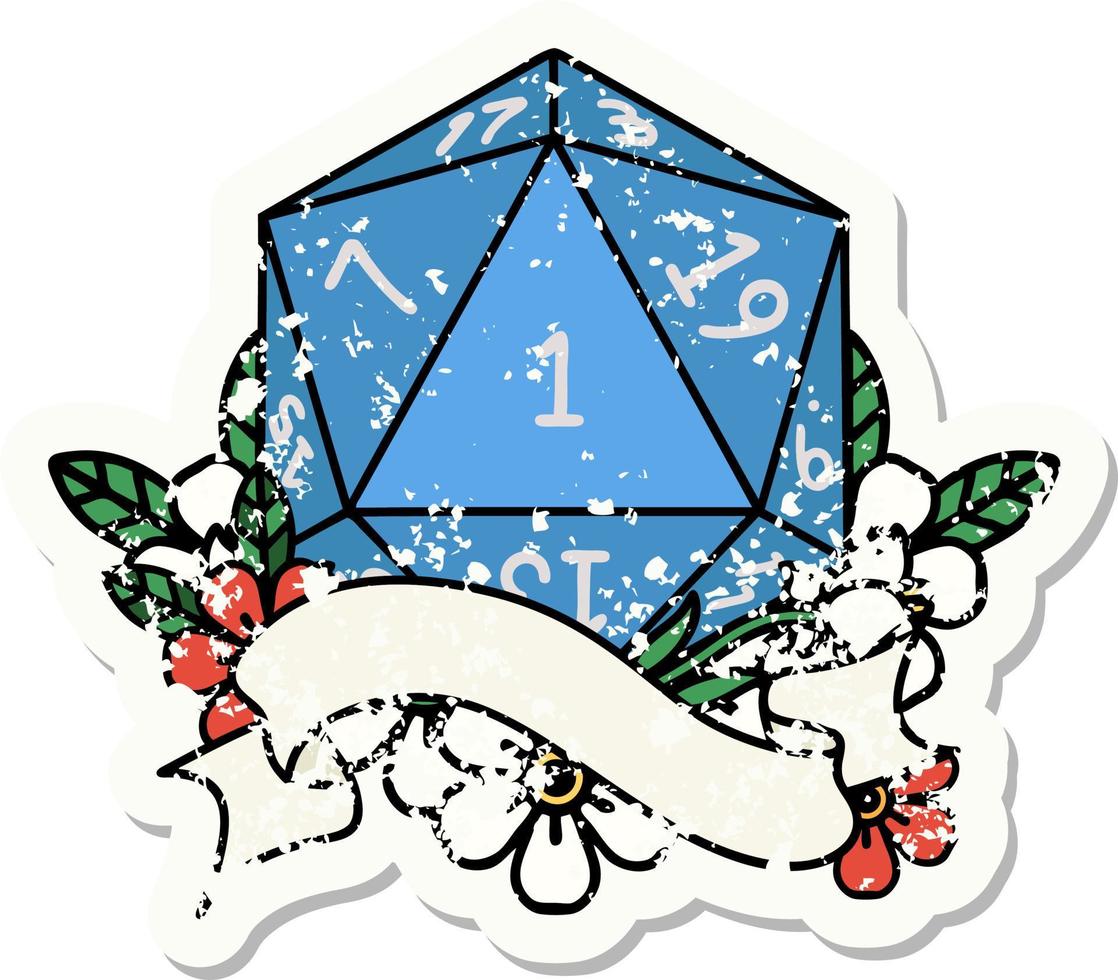 grunge sticker of a natural one d20 dice roll vector