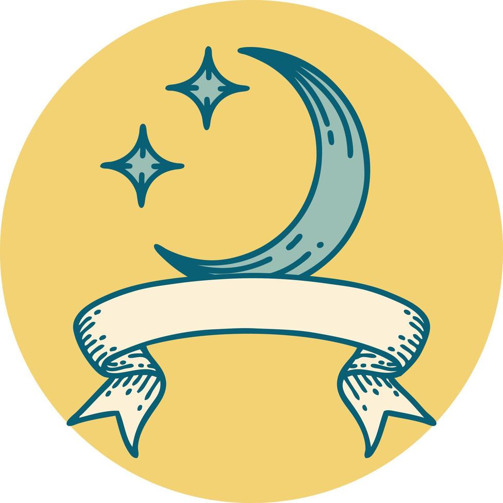 tattoo style icon with banner of a moon and stars vector