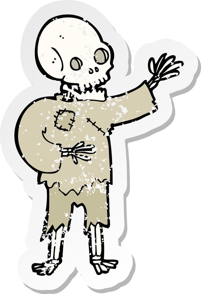 retro distressed sticker of a cartoon skeleton waving vector