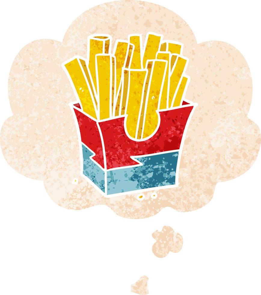 cartoon fries and thought bubble in retro textured style vector