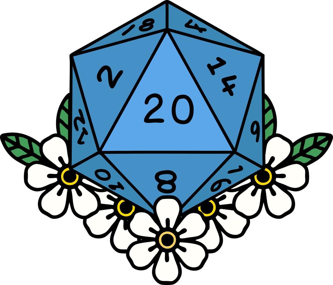 Retro Tattoo Style natural 20 D20 dice roll with floral elements vector