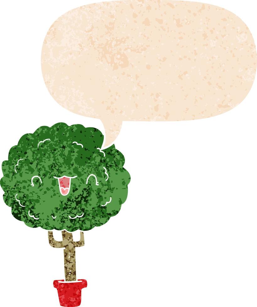 cartoon happy tree and speech bubble in retro textured style vector