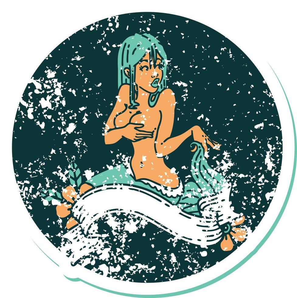 distressed sticker tattoo in traditional style of a pinup mermaid with banner vector