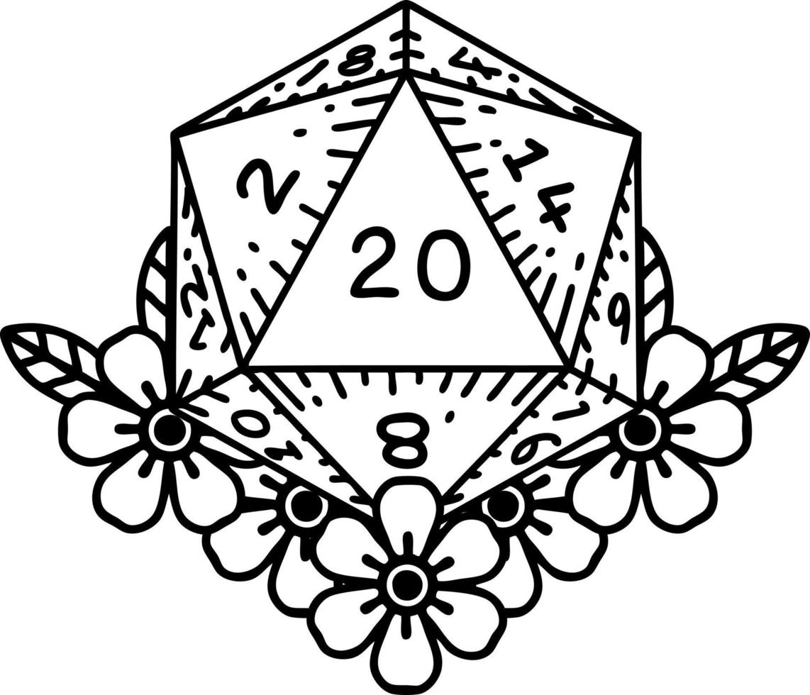 estilo de línea de tatuaje en blanco y negro rollo de dados natural 20 d20 con elementos florales vector