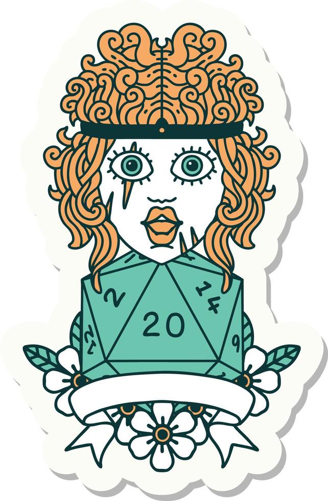 sticker of a human barbarian with natural twenty dice roll vector