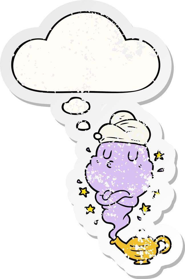 cartoon genie and thought bubble as a distressed worn sticker vector