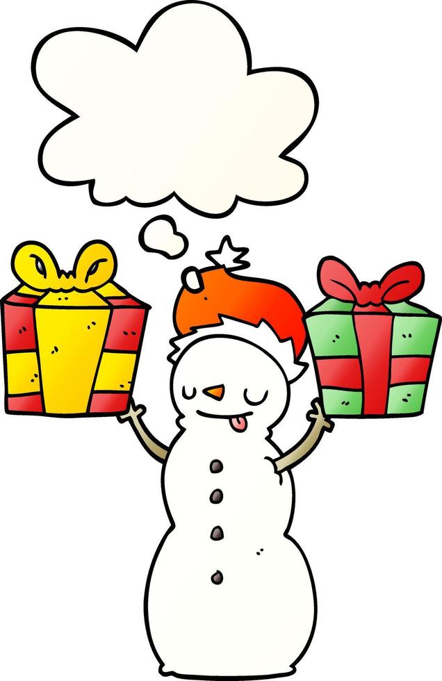 cartoon snowman with present and thought bubble in smooth gradient style vector