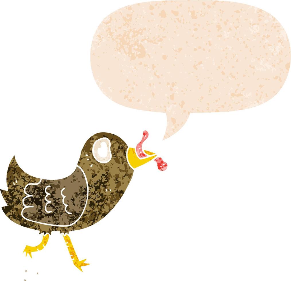 cartoon bird with worm and speech bubble in retro textured style vector