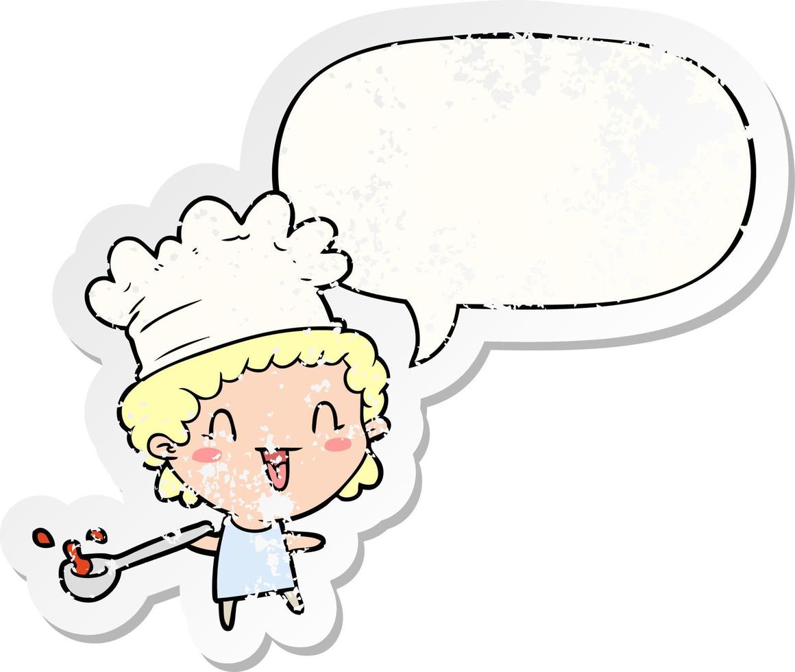 cute cartoon happy chef and speech bubble distressed sticker vector