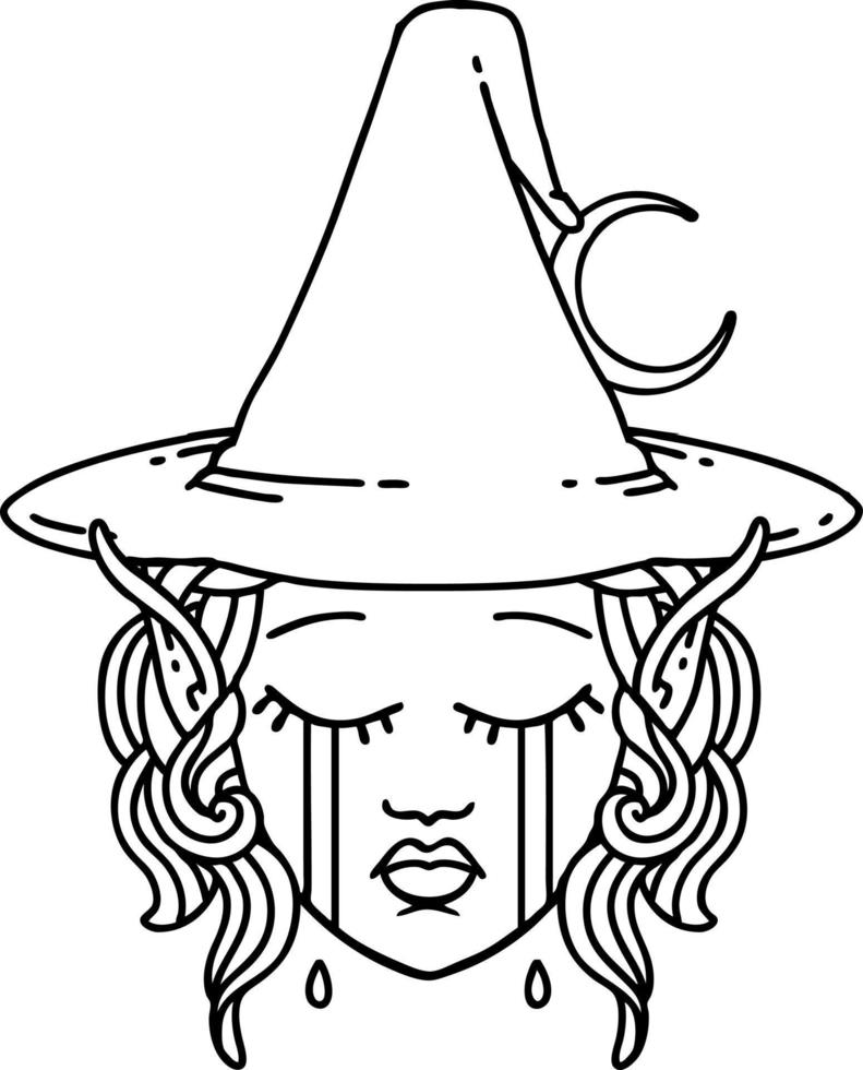 Black and White Tattoo linework Style crying elf mage character face vector