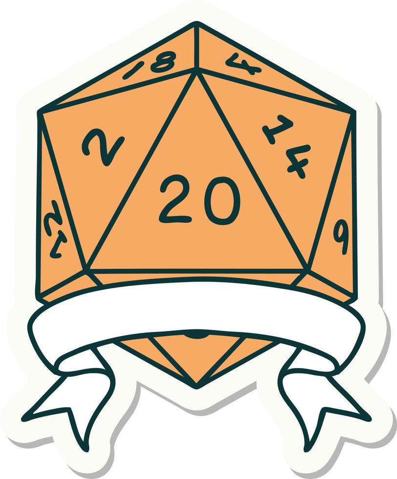sticker of a natural 20 critical hit D20 dice roll vector