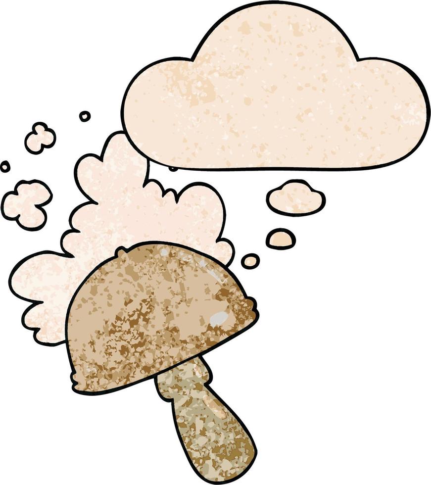 cartoon mushroom with spore cloud and thought bubble in grunge texture pattern style vector