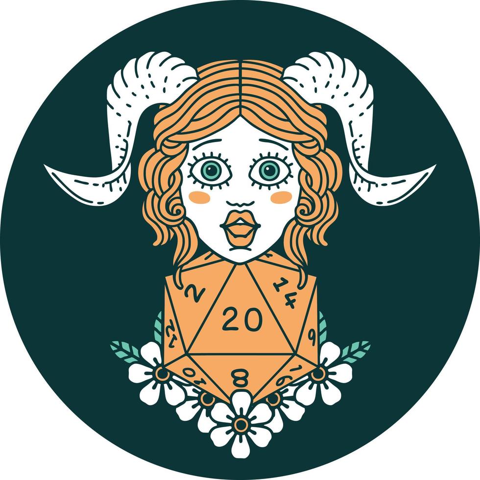 icon of tiefling with natural twenty dice roll vector