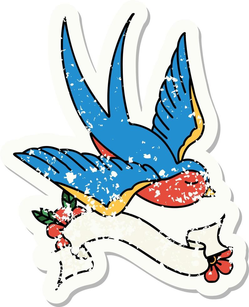 worn old sticker with banner of a swallow vector