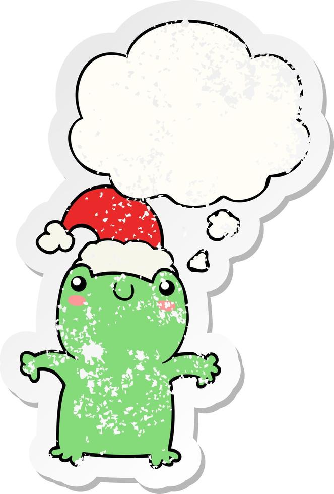 cute cartoon frog wearing christmas hat and thought bubble as a distressed worn sticker vector