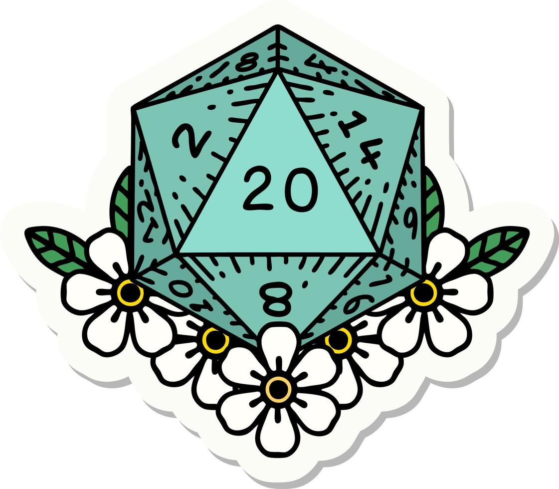 sticker of a natural 20 D20 dice roll with floral elements vector