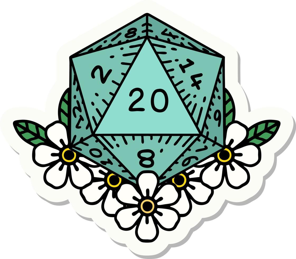 sticker of a natural 20 D20 dice roll with floral elements vector