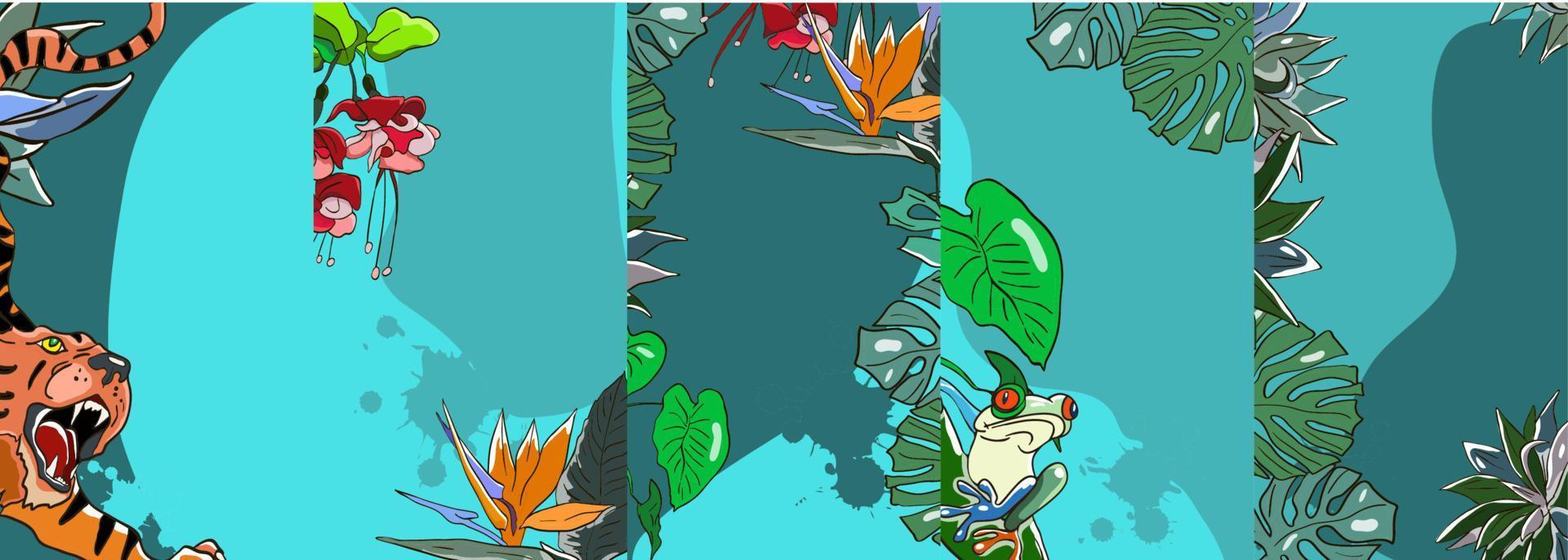 conjunto vectorial de plantillas de historias de medios sociales para la venta de verano, historias de instagram. fondos tropicales de vida salvaje con animales, palmeras, flores exóticas. vector