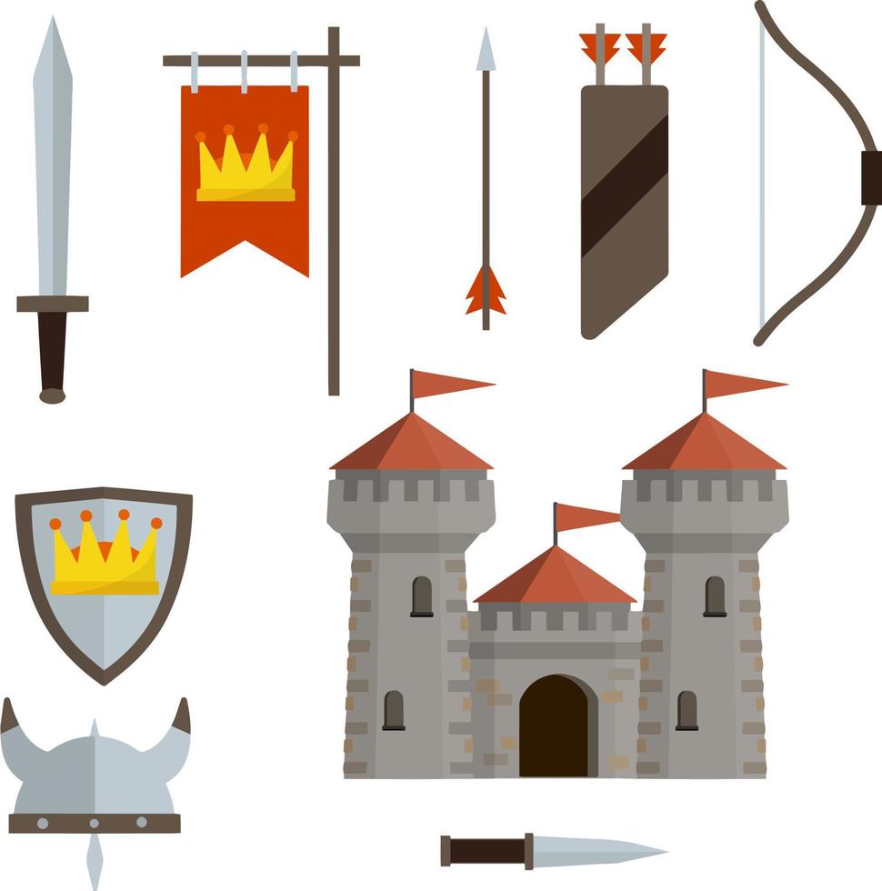 Medieval set of item. European castle with tower, shield, sword, red flag, tournament, arrow, bow, quiver, helmet of Viking. Historical subject. Cartoon flat illustration. Old armor and knight weapons vector