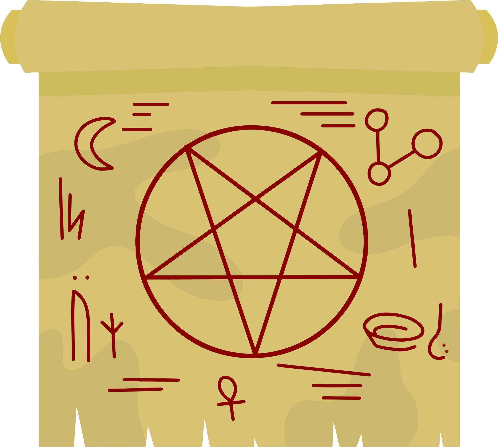 Papyrus scroll with magic spell. Star pentagram on paper. The element ...