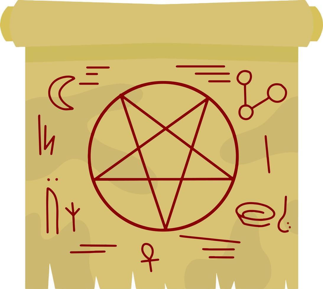 Papyrus scroll with magic spell. Star pentagram on paper. The element of the sorcerer and witch. Cartoon flat illustration vector
