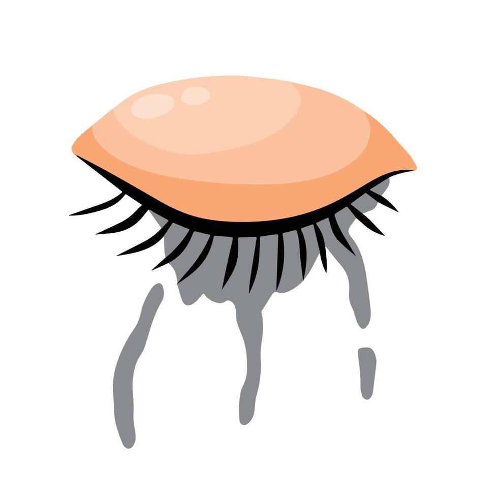 Crying eye. Smeared mascara. Black ink cosmetics on face. Closed eyelid with eyelashes. Stress and frustration. Flat cartoon vector