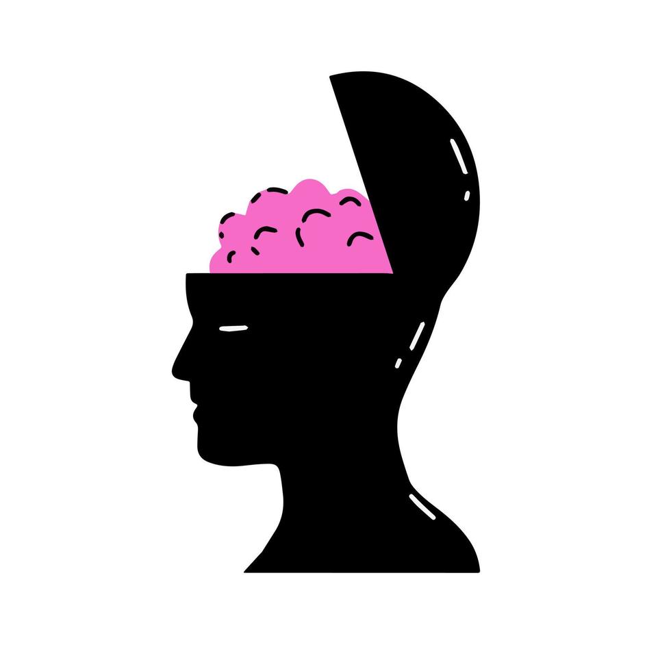 Silhouette of head. Open mind and consciousness. Psychological concept of new knowledge. Flat illustration and brain vector