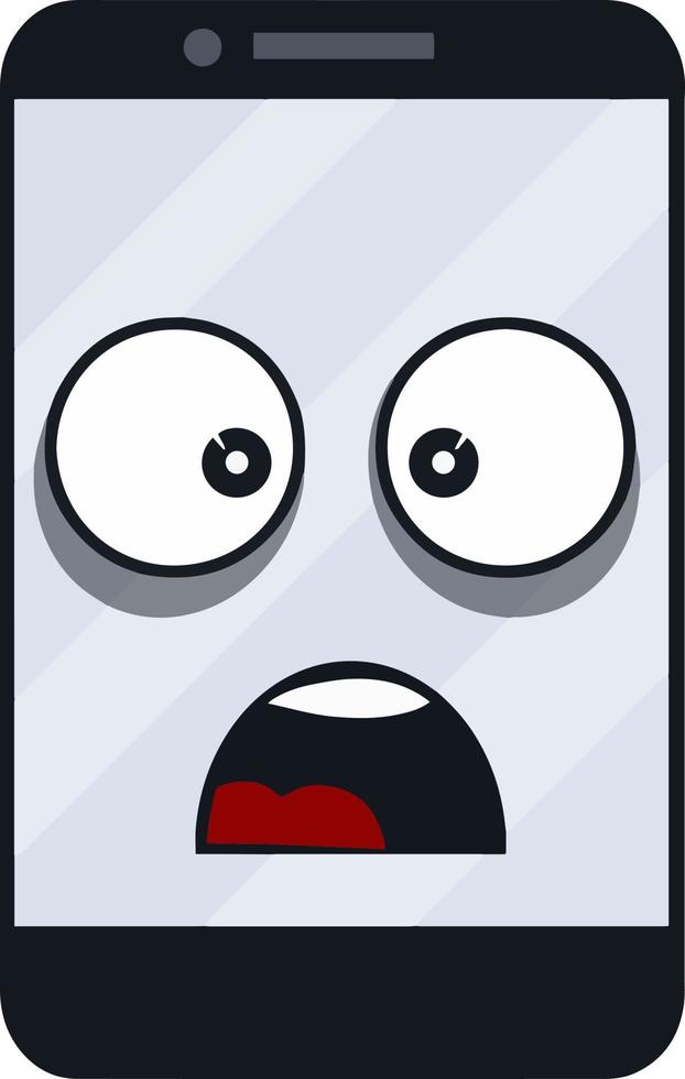 Mobile phone with sad face on screen. Broken smartphone. problem with technique. Cartoon flat illustration. Shocked and surprised, eyes and mouth. Emotions on the monitor. vector