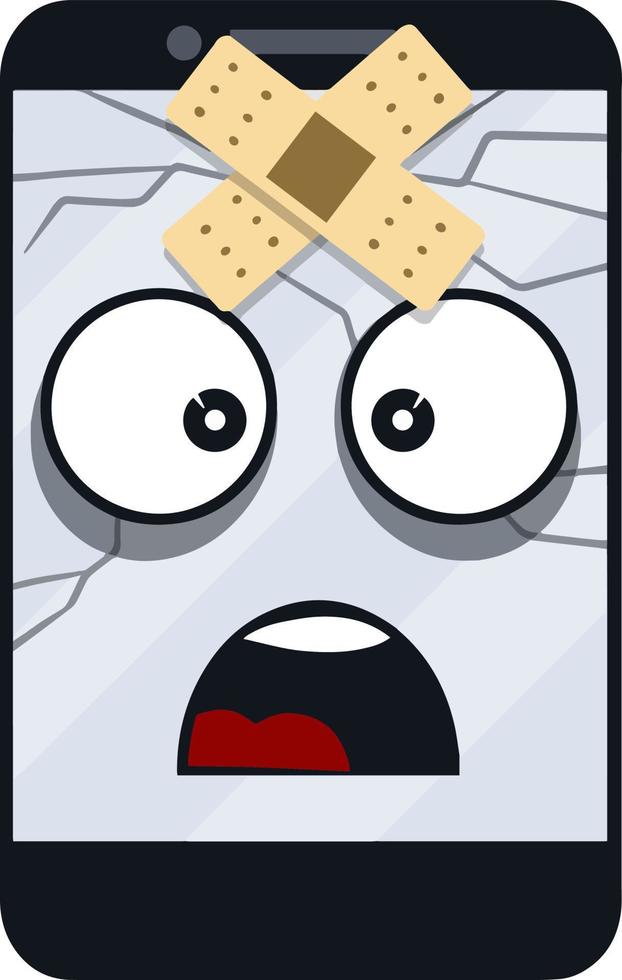 Mobile phone with sad face on screen. Broken smartphone. problem with technique. Cartoon flat illustration. Shocked and surprised, eyes and mouth. Emotions on the monitor. vector