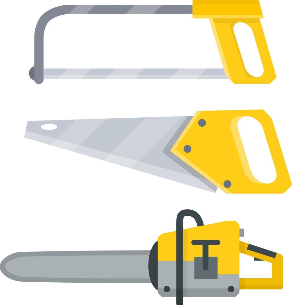 Jigsaw, yellow saw, chainsaw. Electrical appliance. Tool worker, Builder, carpenter and lumberjack. object for installation, repair and technical maintenance. The cutting, carving and felling of trees vector