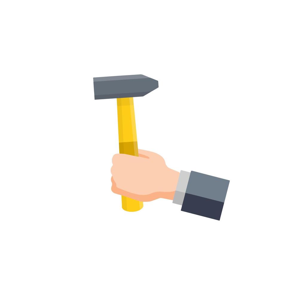 Hammer in hand. Technical work and repairs. Building tool. Flat cartoon icon vector