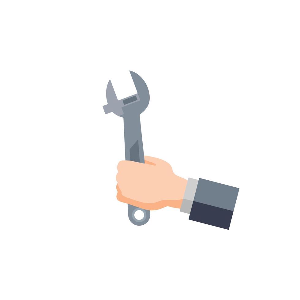 Wrench in hand. Technical work and repairs. Construction tool. Flat cartoon icon vector
