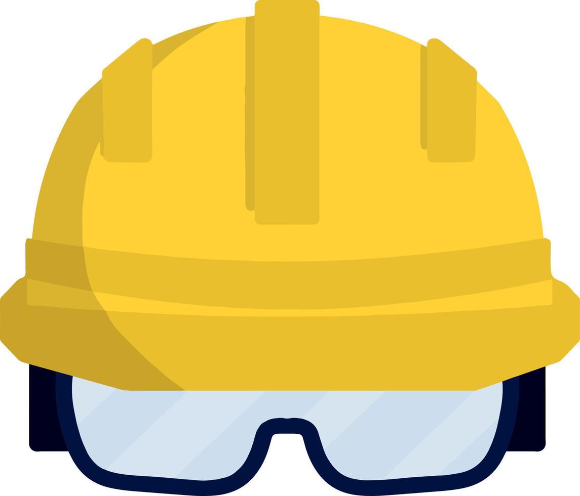 trabajador de casco amarillo. constructor de gafas de seguridad. ilustración plana de dibujos animados. trabajos de reparación e ingeniería. ropa para la seguridad de la producción. objeto industrial vector