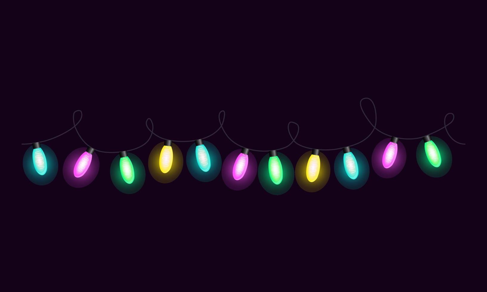 Ilustración de vector de guirnalda de bombilla. luces de navidad de neón. decoración de fiestas y eventos. elemento de diseño para cartel, tarjeta, banner, web.