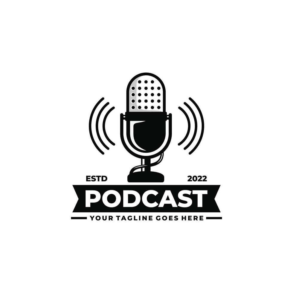 Podcast logo design. Vintage microphone logo vector