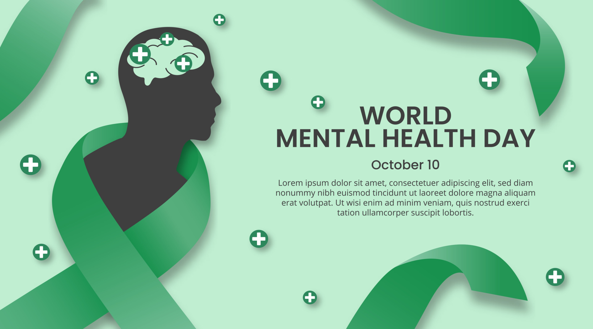 World mental health day background with a green ribbon and positive