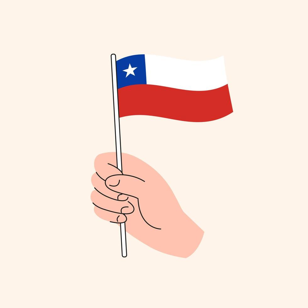 mano de dibujos animados sosteniendo la bandera chilena, la bandera de chile, ilustración conceptual. vector aislado de diseño plano.